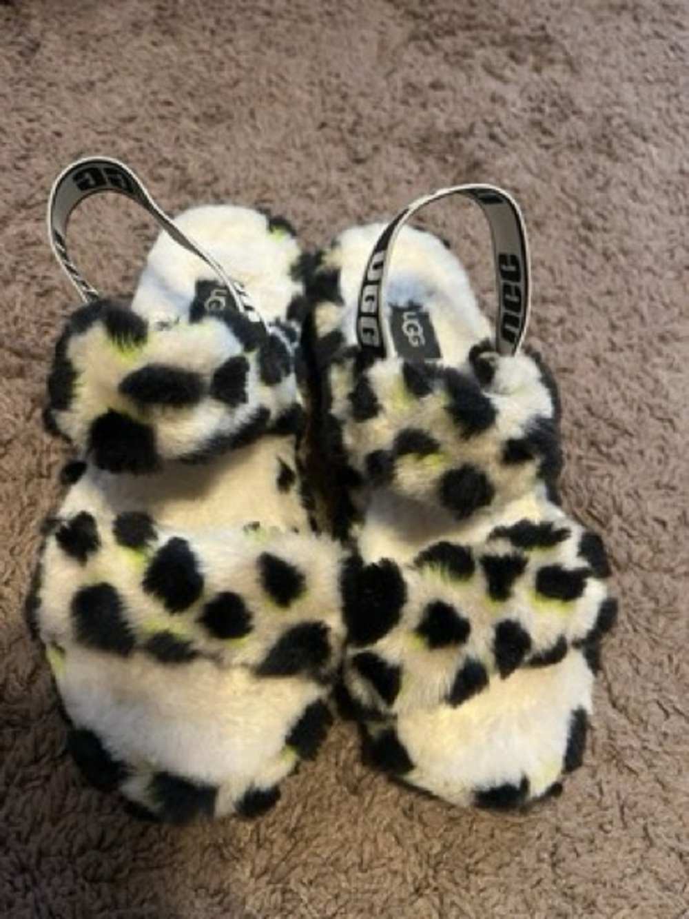UGG Oh Yeah Cheetah -Print Plush Slide Sandals in Cream, Black & Neon Yellow